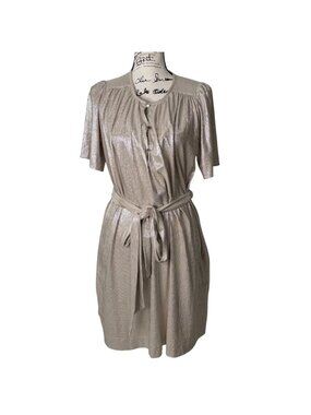 Sabina Musayev Anthropologie XS Shirt Dress Gold Metallic Short-Sleeve Tie-Waist